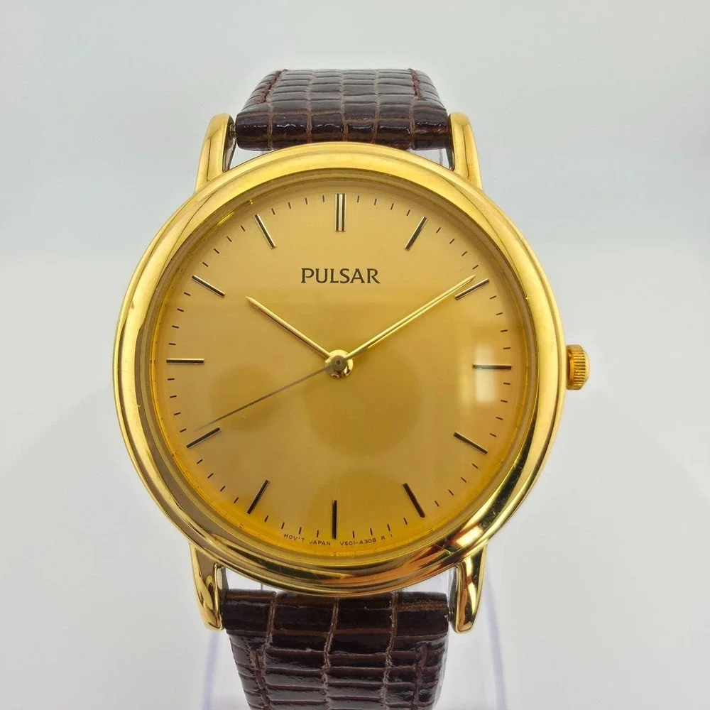 Vintage SEIKO PULSAR Watch 730978 Brown Snake Skin Band Gold Plate 8